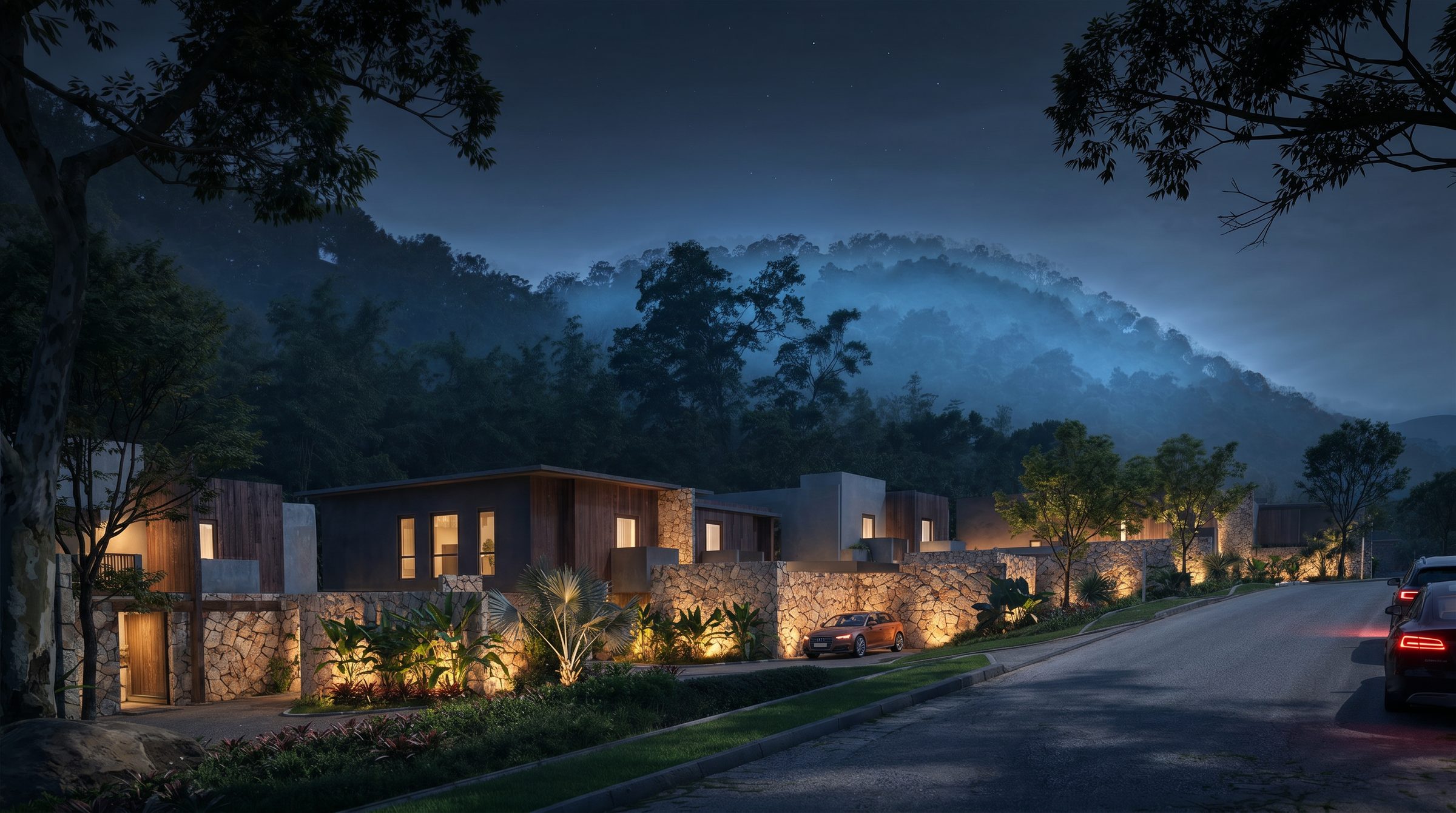 O conjunto da Reserva da Fazenda ao anoitecer, com iluminação cênica