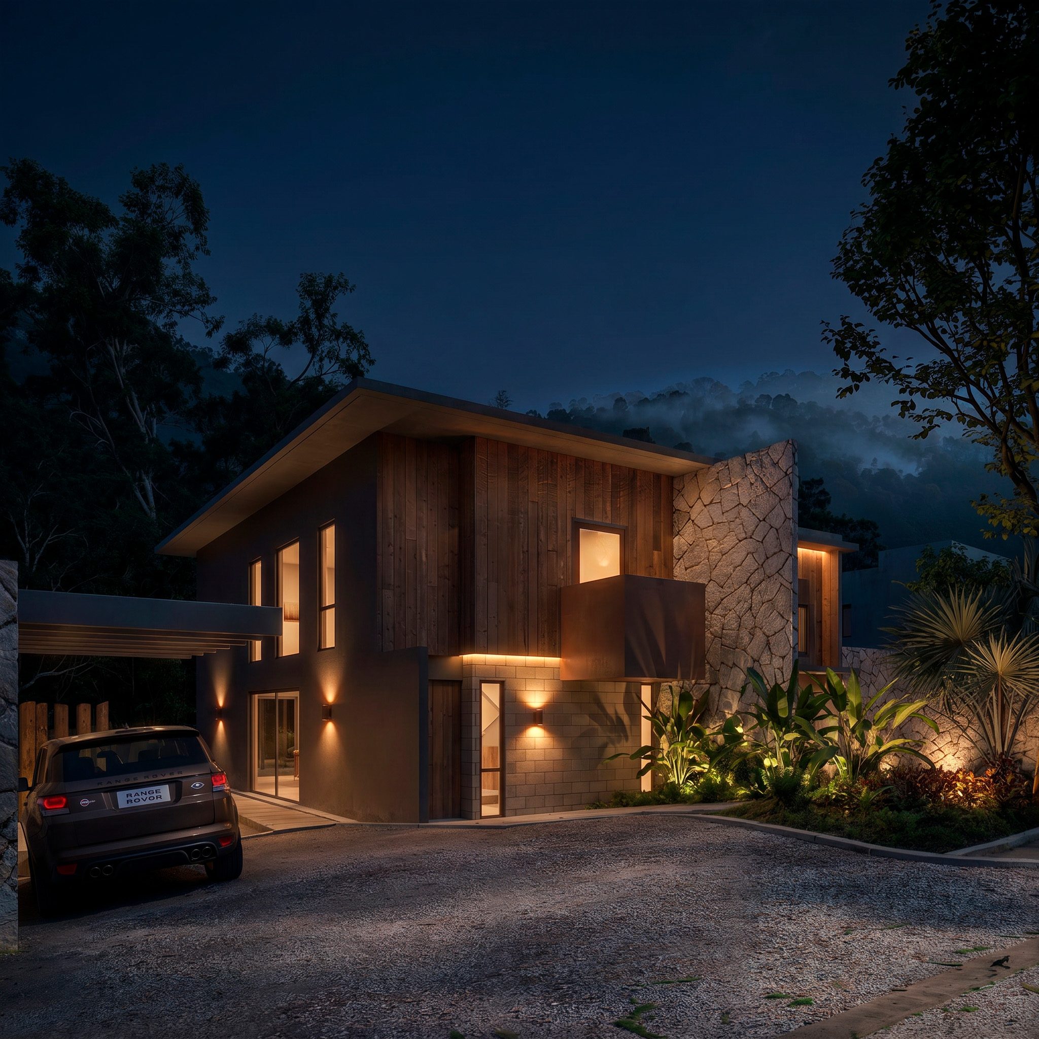 Fachada da Casa A iluminada à noite