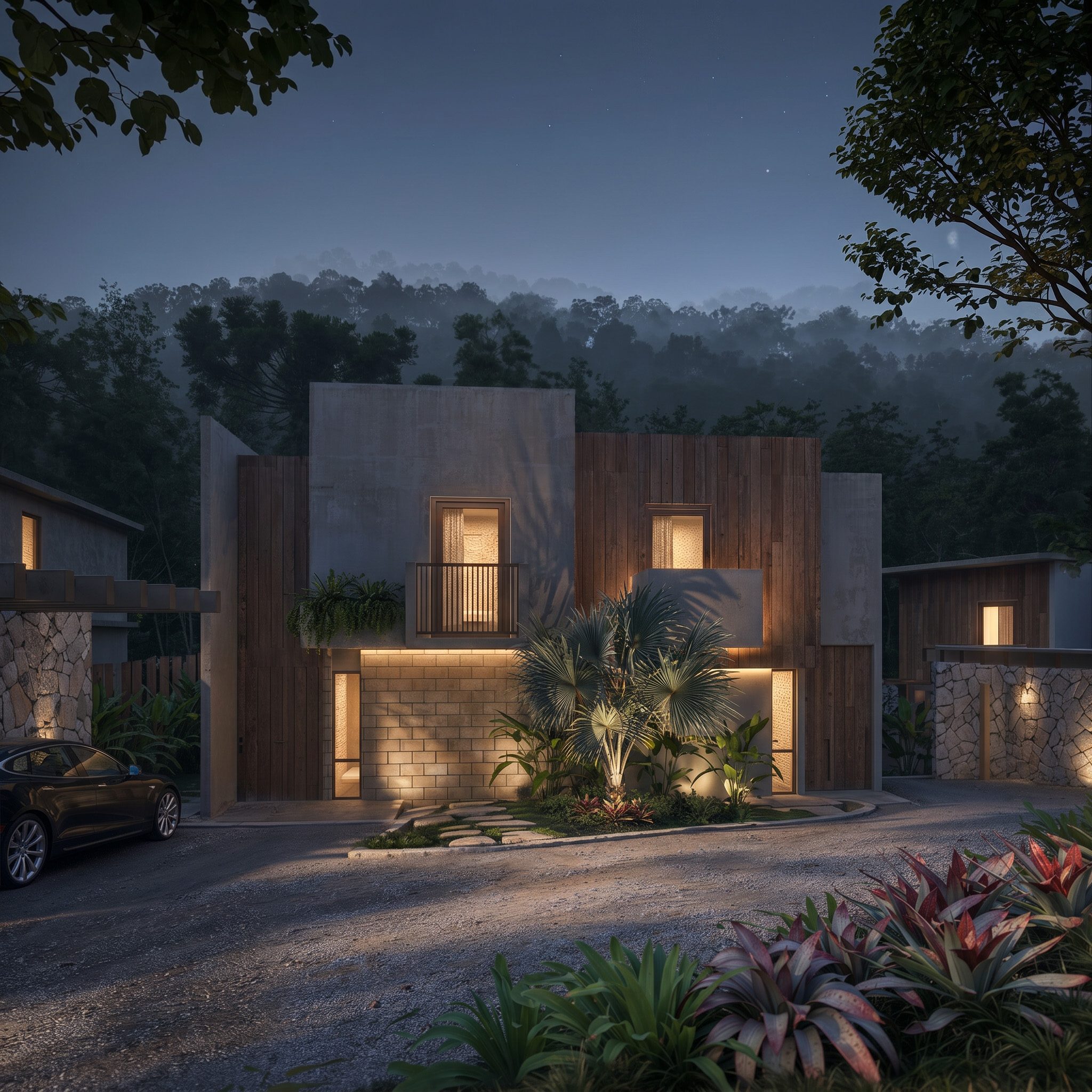 Fachada da Casa B iluminada à noite