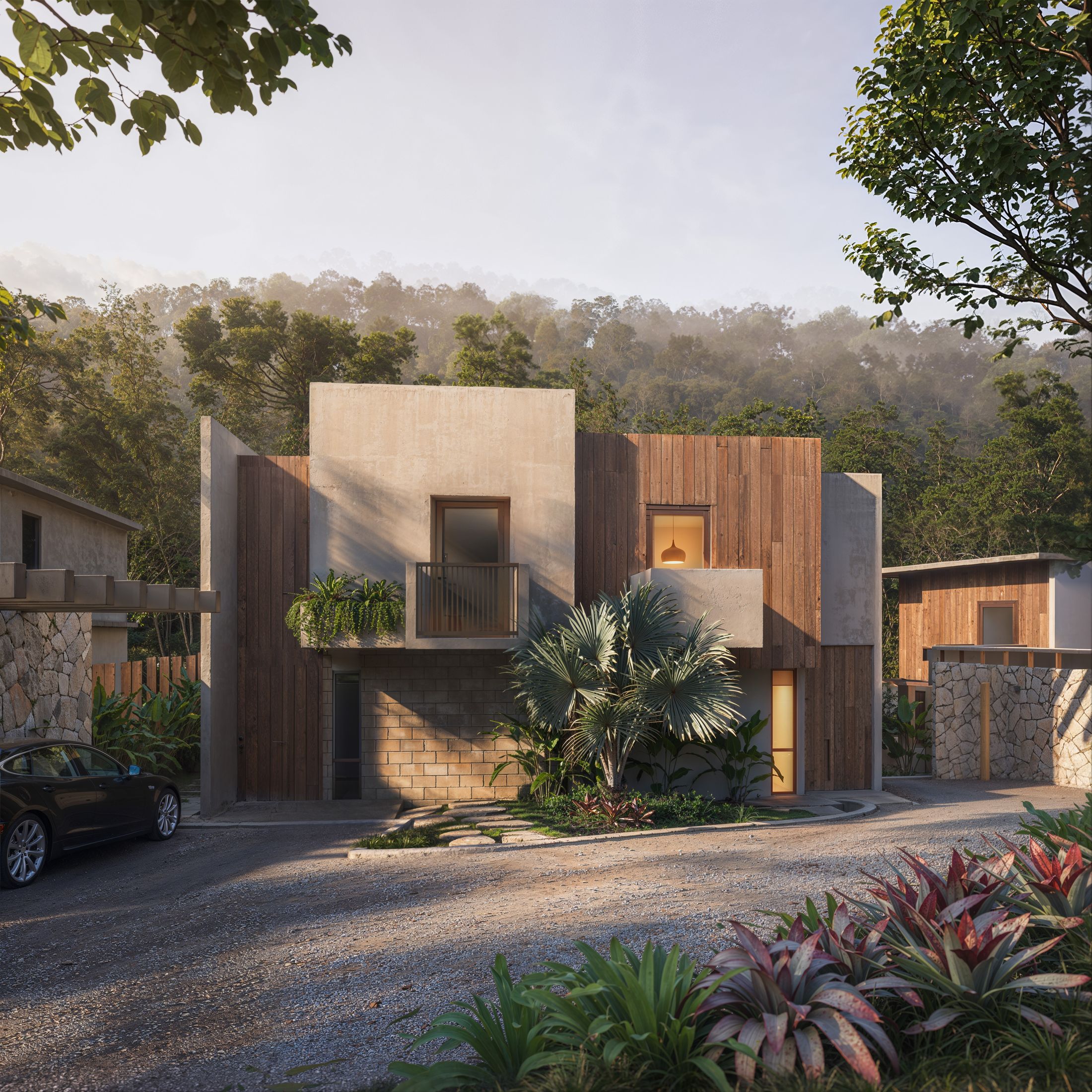 Fachada da Casa B em concreto e madeira, ao amanhecer
