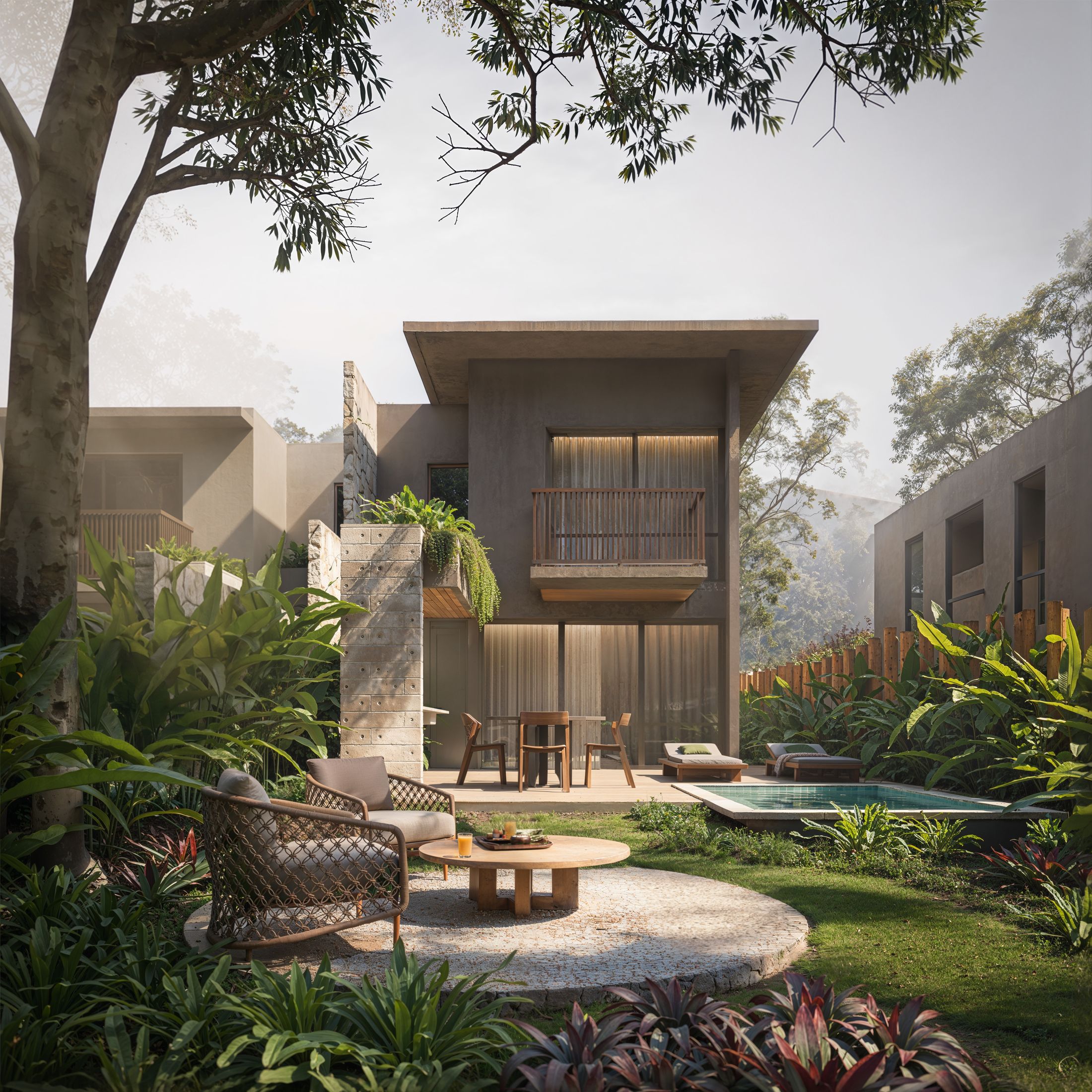 Quintal com piscina e jardim, integrado à residência